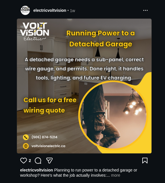 Volt Vision Electric Instagram post — Running Power to a Detached Garage